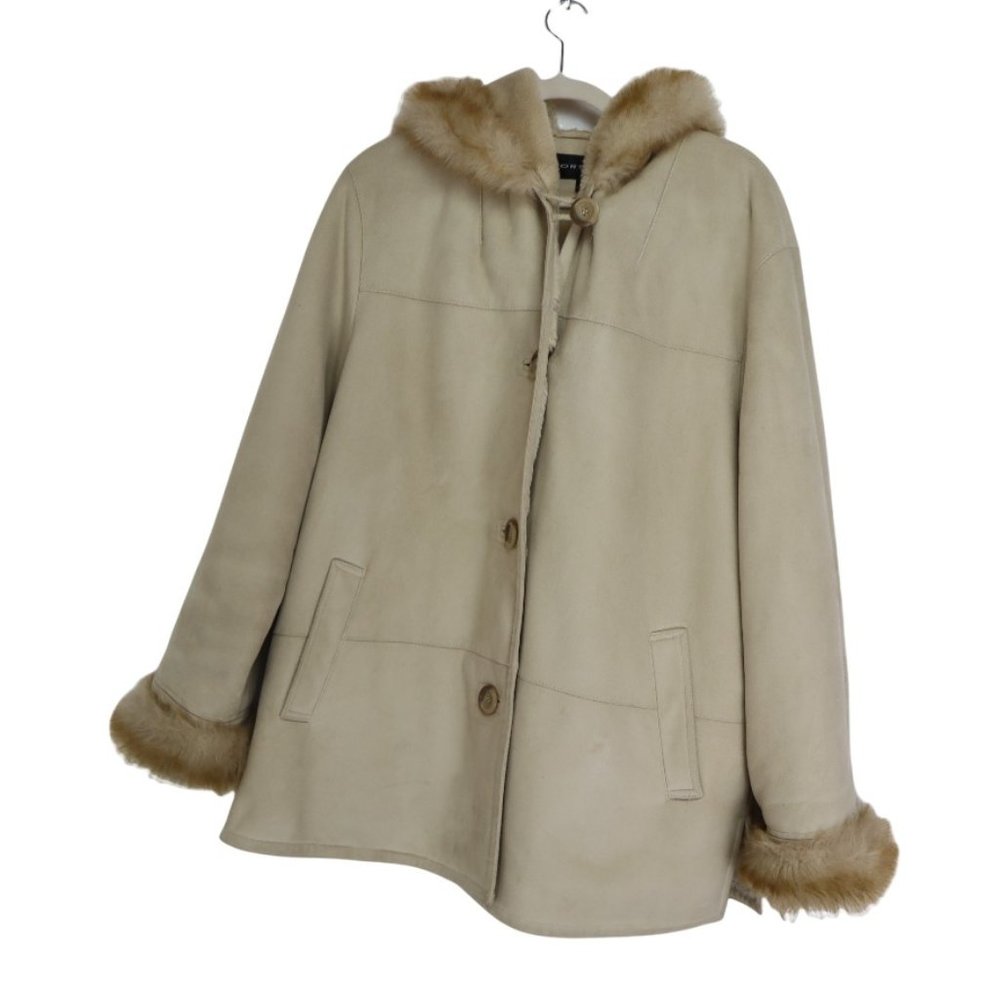 Portrait Faux Suede Hooded Cuffs Sherpa Coat Women's Size L Long Sleeves Cream
